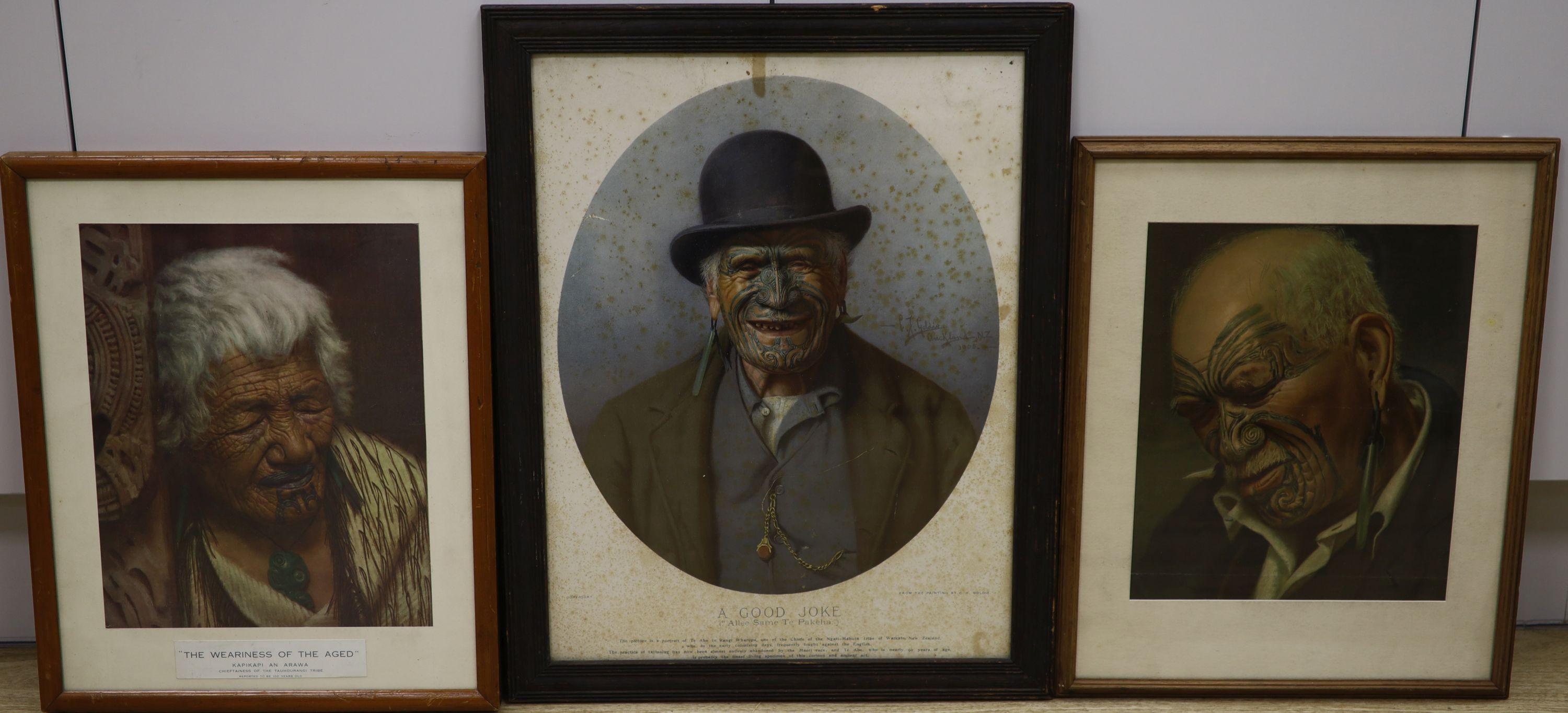 Charles Frederick Goldie (1870-1947), three chromolithographs of Maori's: 'A good joke', 46 x 35cm, 'The Weariness of the aged', 30 x 24cm and 'Man with jade earring', 29 x 24cm